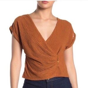 ASTR The Label Bronze Pleated Crinkle Side Button Wrap Top, Size Small